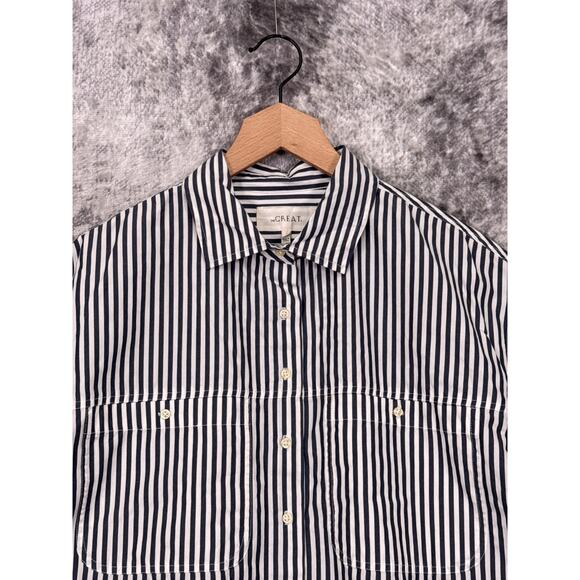 The Great Top 2 Womens Boxy Poplin Striped Collared Button Down Shirt - Picture 2 of 8